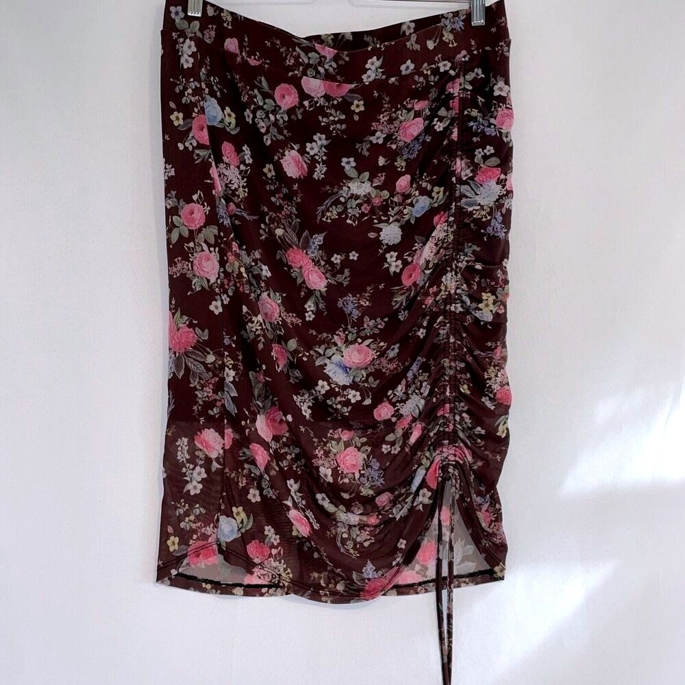 y2k Floral Mesh Overlay Midi Skirt Ruched Tie Torrid 1, Sz XL skater‎ Fairy